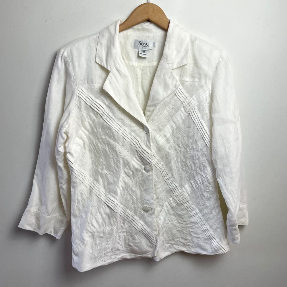 Vintage 80s 90s Linen Blazer Medium White Parisian Quiet Luxury‎ Summer Capsule